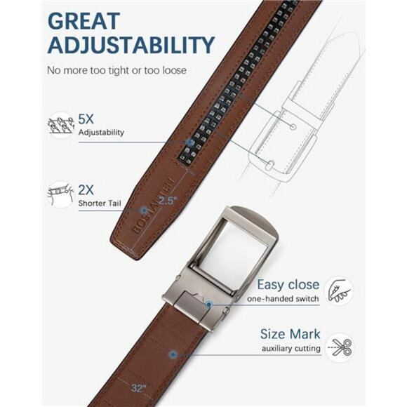 Mens leather ratchet belt adjustable slide buckle dress casual trim to fit - Picture 3 of 7